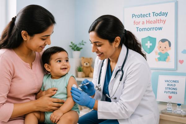 Dr. Rachika Sujanyal administering a vaccine to a toddler held by his mother during a child immunization session in PCMC, Pune.