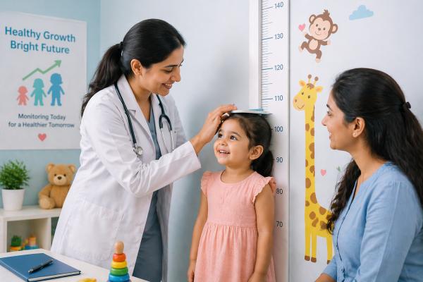Dr. Rachika Sujanyal measuring a young girl's height during a child growth and development monitoring in PCMC, Pune.