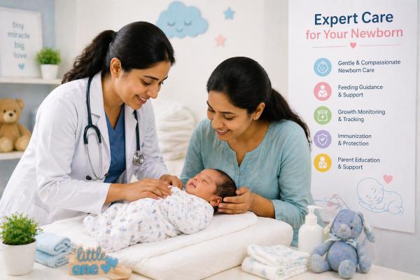 Dr. Rachika Sujanyal providing expert newborn care in PCMC, Pimple Saudagar — paediatrician examining a newborn baby with mother