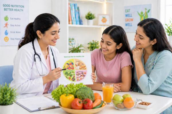 Dr. Rachika Sujanyal offering child nutrition counseling in PCMC to a mother and her young daughter using a healthy food chart.