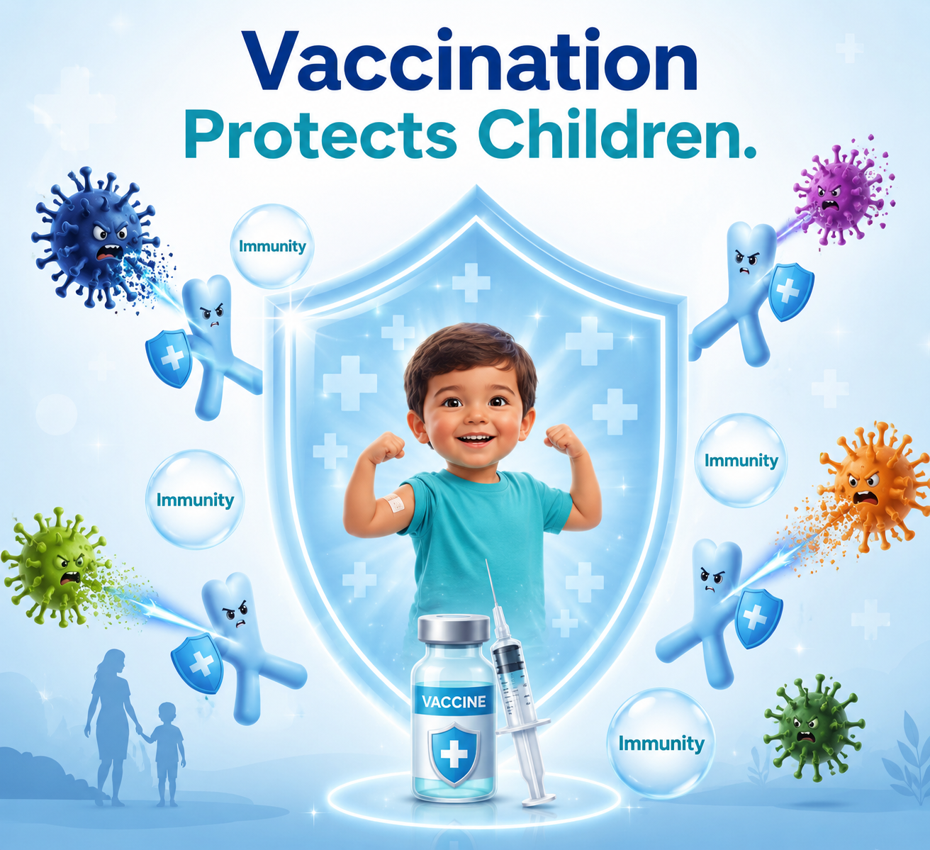 Illustration of a child protected by an immunity shield with antibodies fighting germs, representing the benefits of childhood vaccination